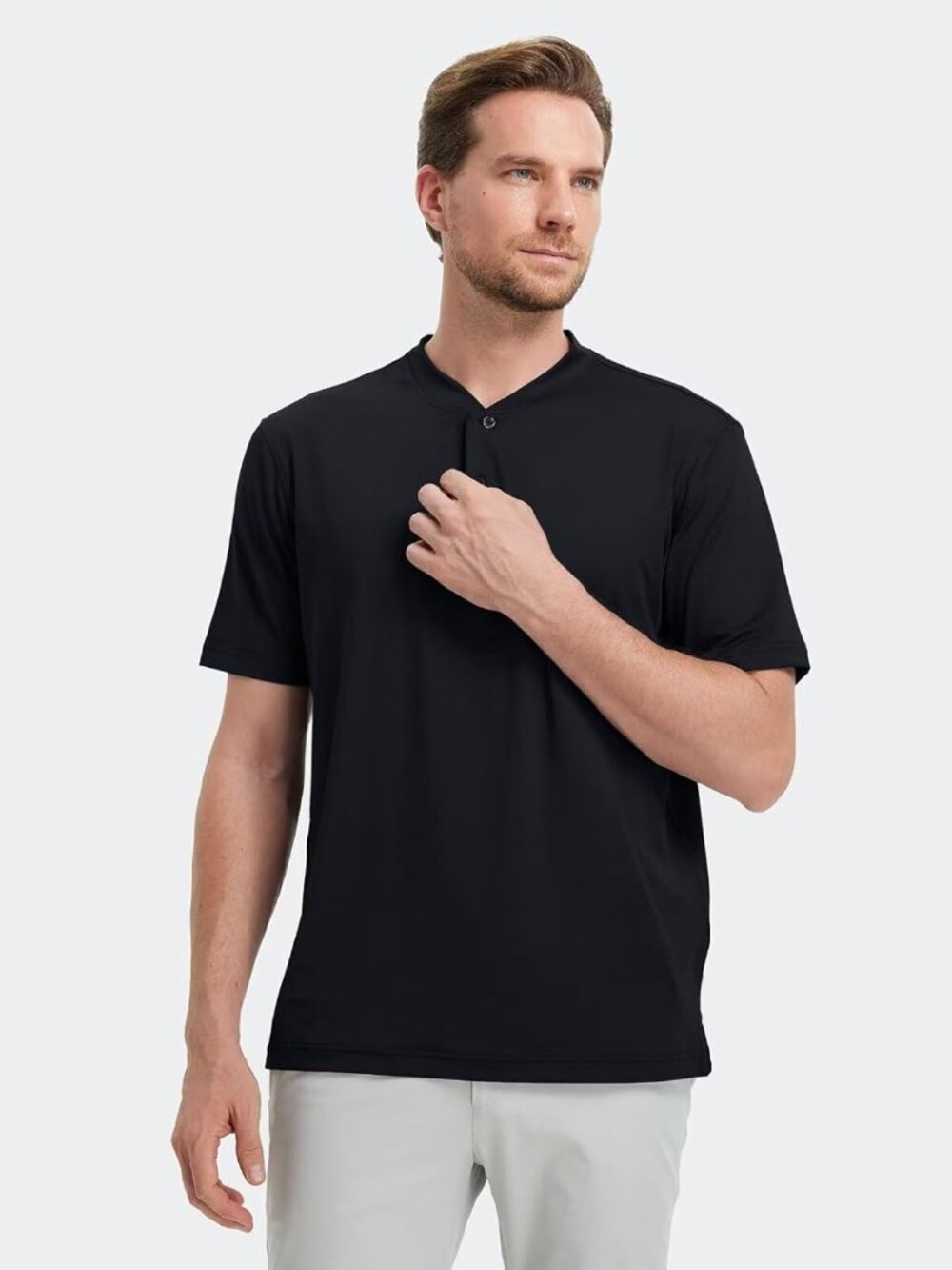 Mens Black Dry Fit Henley Shirt Moisture Wicking Casual Performance Tee - Picture 2 of 6